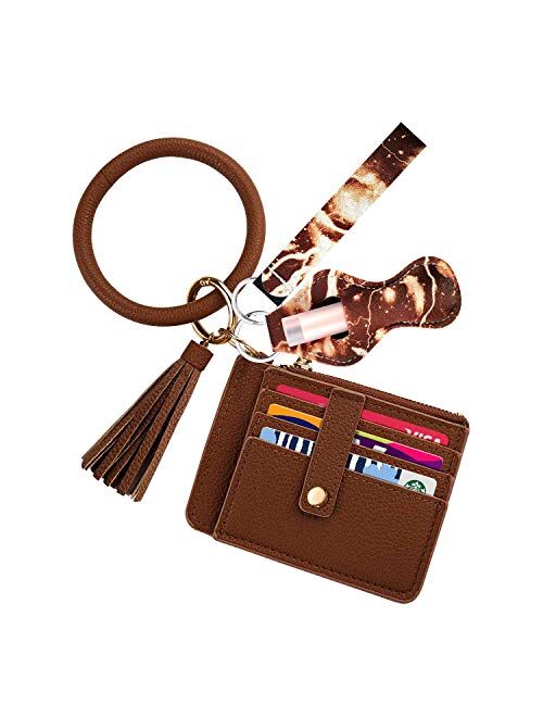 Hommtina Wristlet Circle Key Ring Bangle Card Pocket Zippered Wallet Bracelet Keychain with Chapstick Holder