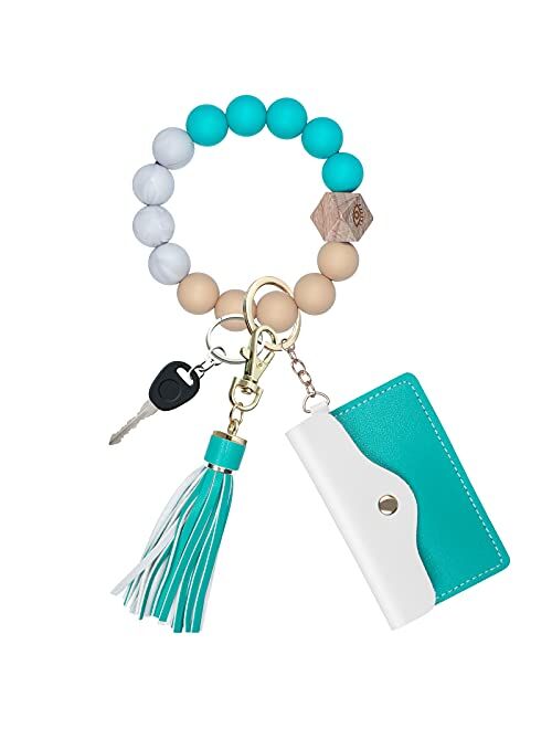 Pakaseboxes Wristlet Keychain Bracelet Wallet - Silicone Beaded Key chain Bangle Pocket Card Holder Car Key Ring Bracelet for Women