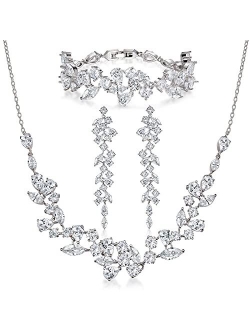 SWEETV Bridal Jewelry Set for Wedding, 3-Pcs Long Floral Necklace Earring Bracelet Sets for Brides, Bridesmaids, Elegant Marquise and Cubic Zirconia Jewelry Set for Women