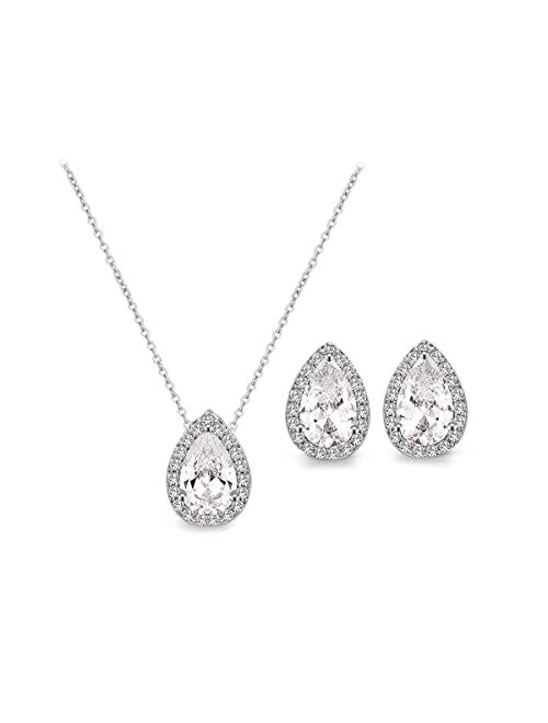 UDYLGOON CZ Teardrop Earrings Necklace Bracelet Jewelry Set For Bridesmaids Bridal Party Prom