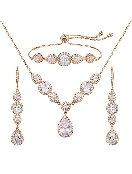 SWEETV 3 Pack Cubic Zirconia Bridal Jewelry Sets for Wedding, Crystal Necklace Dangle Earring Bracelet Jewelry Sets for Women, Prom Costume Jewelry Gifts