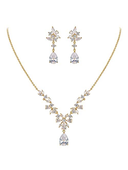 EleQueen Women's Wedding Bridal Jewelry Set for Brides Bridesmaids, Silver/14K Gold/Rose Gold Plated Cubic Zirconia Teardrop Necklace Dangle Earrings Bracelet Sets for Pa