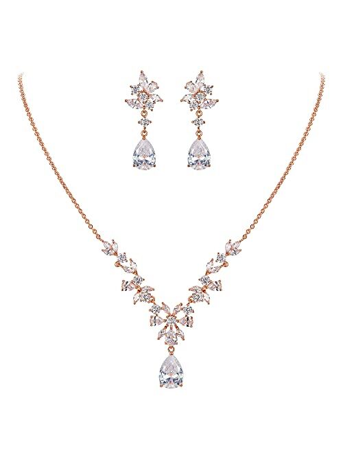 EleQueen Women's Wedding Bridal Jewelry Set for Brides Bridesmaids, Silver/14K Gold/Rose Gold Plated Cubic Zirconia Teardrop Necklace Dangle Earrings Bracelet Sets for Pa