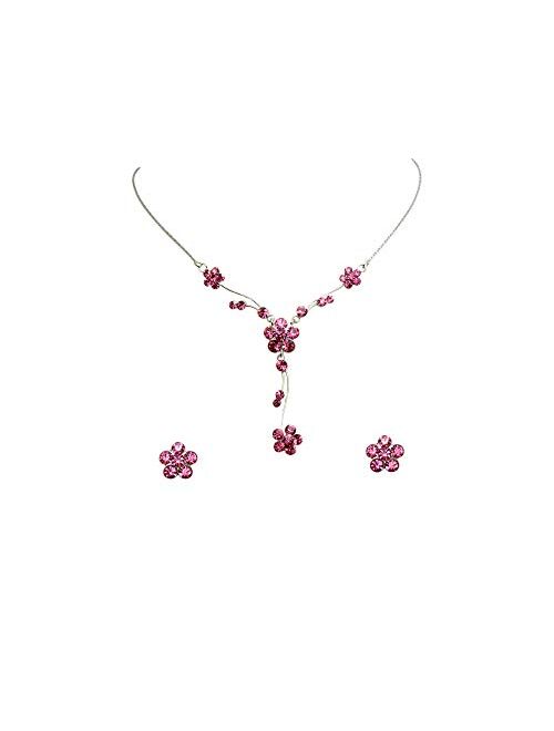 Faship Gorgeous Rhinestone Crystal Floral Necklace Earrings Set