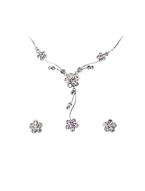 Faship Gorgeous Rhinestone Crystal Floral Necklace Earrings Set