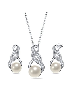 EleQueen 925 Sterling Silver CZ Freshwater Cultured Pearls Bridal Pendant Necklace Earrings Wedding Jewelry Sets