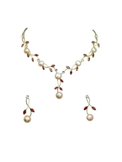 Faship Gorgeous CZ Crystal Freshwater Pearls Floral Necklace Earrings Set