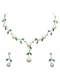 Faship Gorgeous CZ Crystal Freshwater Pearls Floral Necklace Earrings Set