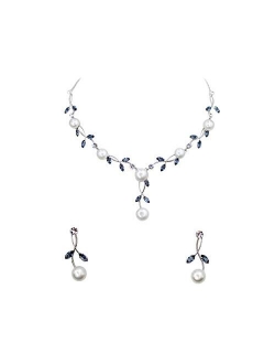 Faship Gorgeous CZ Crystal Freshwater Pearls Floral Necklace Earrings Set