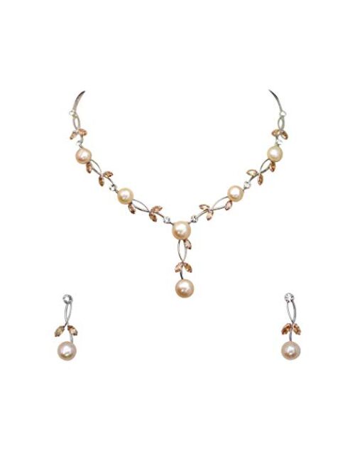 Faship Gorgeous CZ Crystal Freshwater Pearls Floral Necklace Earrings Set