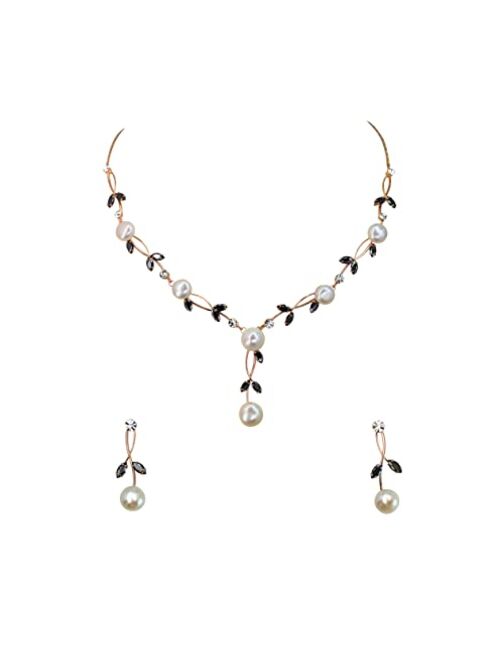 Faship Gorgeous CZ Crystal Freshwater Pearls Floral Necklace Earrings Set