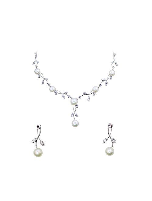 Faship Gorgeous CZ Crystal Freshwater Pearls Floral Necklace Earrings Set