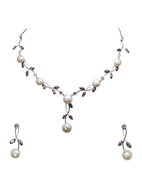 Faship Gorgeous CZ Crystal Freshwater Pearls Floral Necklace Earrings Set