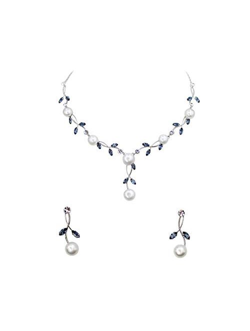 Faship Gorgeous CZ Crystal Freshwater Pearls Floral Necklace Earrings Set