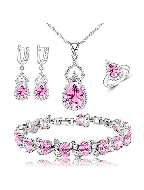 LMXXVJ Women Jewelry Set Platinum Plated Necklace Open Ring Earrings Bracelet Set,Birthday/Anniversary Mothers Day Jewelry Gifts for Mom/Wife/Sister/Best Friend