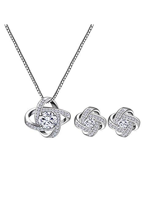 AMYJANE Bridal Jewelry Set for Women - Crystal Cubic Zirconia Love Knot Necklace Stud Earrings Elegant CZ Jewelry Set for Wedding Bride Bridesmaids Gift Set