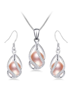 HENGSHENG 100% Natural Freshwater Pearl Jewelry Sets for Women Fashion 925 Sterling Silver Earrings&Pendant Wedding Jewelry