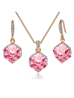 EVEVIC Colorful Cubic Austrian Crystal Pendant Necklace Earrings for Women 14K Gold Plated Hypoallergenic Jewelry Set