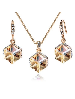 EVEVIC Colorful Cubic Austrian Crystal Pendant Necklace Earrings for Women 14K Gold Plated Hypoallergenic Jewelry Set