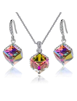 EVEVIC Colorful Cubic Austrian Crystal Pendant Necklace Earrings for Women 14K Gold Plated Hypoallergenic Jewelry Set