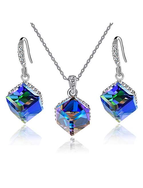 EVEVIC Colorful Cubic Austrian Crystal Pendant Necklace Earrings for Women 14K Gold Plated Hypoallergenic Jewelry Set