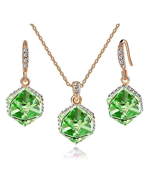 EVEVIC Colorful Cubic Austrian Crystal Pendant Necklace Earrings for Women 14K Gold Plated Hypoallergenic Jewelry Set