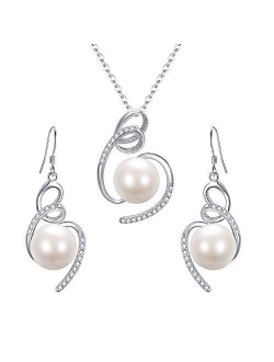 BriLove Women 925 Sterling Silver CZ AAA Freshwater Cultured Pearl Necklace Earrings Set