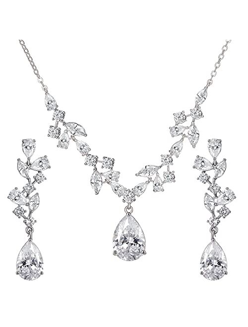 SWEETV Wedding Jewelry Sets for Brides Bridesmaid Women, CZ Marquise Teardrop Bridal Necklace Earrings Set Wedding Prom Costume Jewelry Gifts