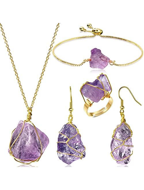 Junkin 5 Pieces Quartz Crystal Jewelry Set for Women Irregular Crystal Drop Earrings Adjustable Quartz Crystal Bracelets Wrapped Healing Crystal Ring Stone Pendant Neckla