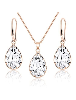 Jertom Austrian Crystal Jewelry Set 14k Gold Teardrop Pendant Necklace and Pear Shape Dangle Earrings Bridal Wedding Collections for Women Bride Bridesmaid Prom