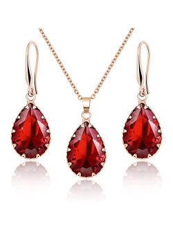 Jertom Austrian Crystal Jewelry Set 14k Gold Teardrop Pendant Necklace and Pear Shape Dangle Earrings Bridal Wedding Collections for Women Bride Bridesmaid Prom