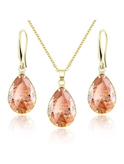 Jertom Austrian Crystal Jewelry Set 14k Gold Teardrop Pendant Necklace and Pear Shape Dangle Earrings Bridal Wedding Collections for Women Bride Bridesmaid Prom