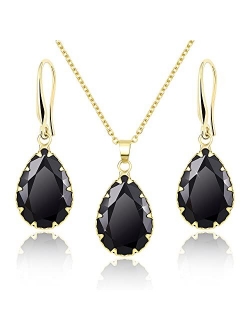 Jertom Austrian Crystal Jewelry Set 14k Gold Teardrop Pendant Necklace and Pear Shape Dangle Earrings Bridal Wedding Collections for Women Bride Bridesmaid Prom