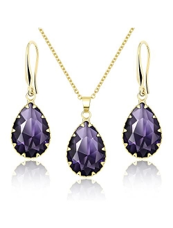 Jertom Austrian Crystal Jewelry Set 14k Gold Teardrop Pendant Necklace and Pear Shape Dangle Earrings Bridal Wedding Collections for Women Bride Bridesmaid Prom