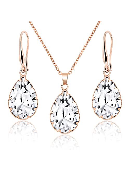 Jertom Austrian Crystal Jewelry Set 14k Gold Teardrop Pendant Necklace and Pear Shape Dangle Earrings Bridal Wedding Collections for Women Bride Bridesmaid Prom