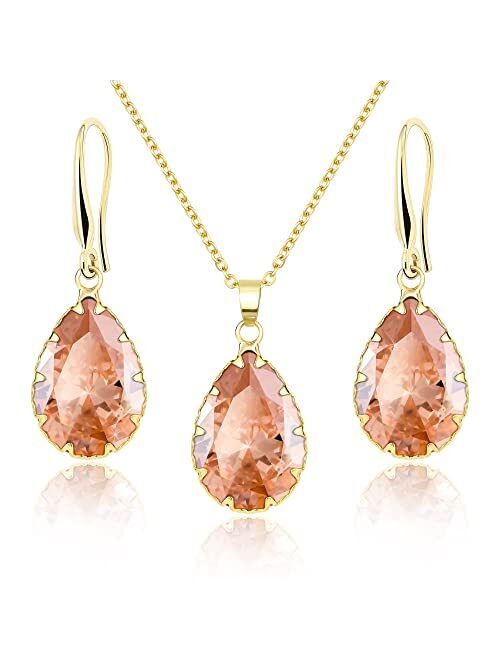 Jertom Austrian Crystal Jewelry Set 14k Gold Teardrop Pendant Necklace and Pear Shape Dangle Earrings Bridal Wedding Collections for Women Bride Bridesmaid Prom