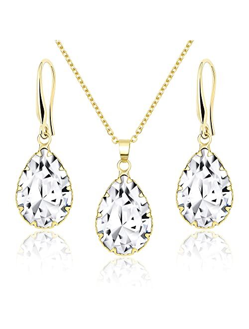 Jertom Austrian Crystal Jewelry Set 14k Gold Teardrop Pendant Necklace and Pear Shape Dangle Earrings Bridal Wedding Collections for Women Bride Bridesmaid Prom