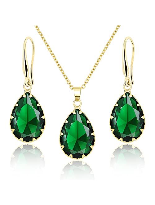 Jertom Austrian Crystal Jewelry Set 14k Gold Teardrop Pendant Necklace and Pear Shape Dangle Earrings Bridal Wedding Collections for Women Bride Bridesmaid Prom