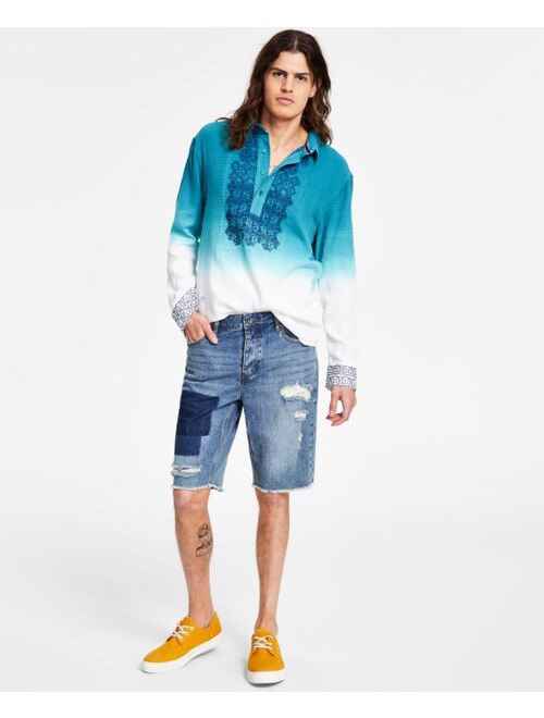 SUN + STONE Men's Frederick Regular-Fit Ombré Geo Embroidered Popover Shirt, Created for Macy's