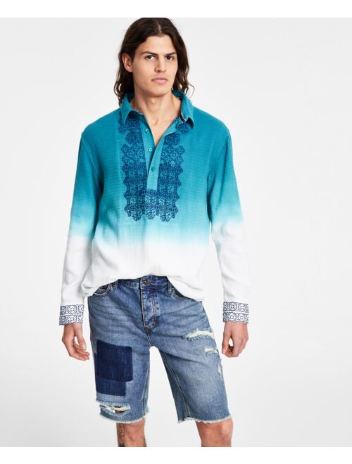 SUN + STONE Men's Frederick Regular-Fit Ombré Geo Embroidered Popover Shirt, Created for Macy's