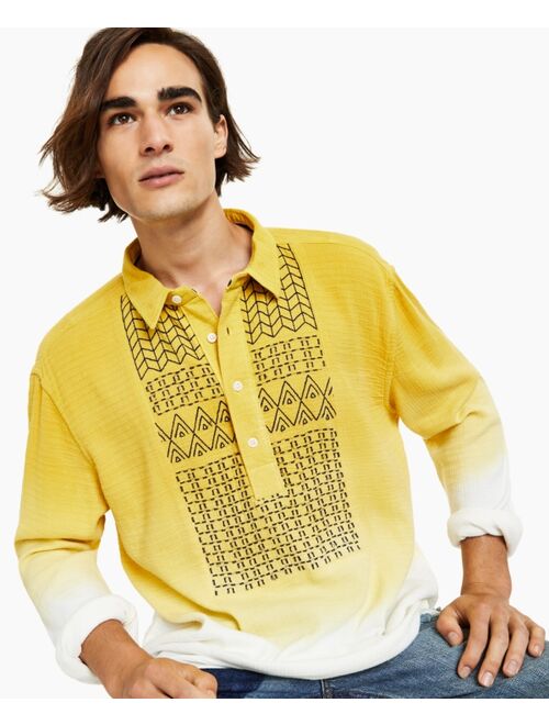 SUN + STONE Men's Frederick Regular-Fit Ombré Geo Embroidered Popover Shirt, Created for Macy's