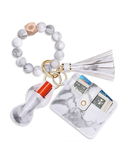 Cealxheny Wristlet Bracelet Keychain Wallet, Silicone Bead House Car Key Ring Pocket Credit Card Holder