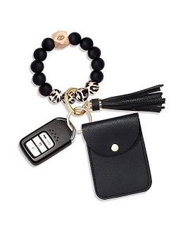 Cealxheny Wristlet Bracelet Keychain Wallet, Silicone Bead House Car Key Ring Pocket Credit Card Holder