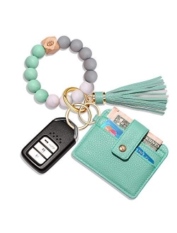 Cealxheny Wristlet Bracelet Keychain Wallet, Silicone Bead House Car Key Ring Pocket Credit Card Holder