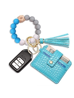 Cealxheny Wristlet Bracelet Keychain Wallet, Silicone Bead House Car Key Ring Pocket Credit Card Holder