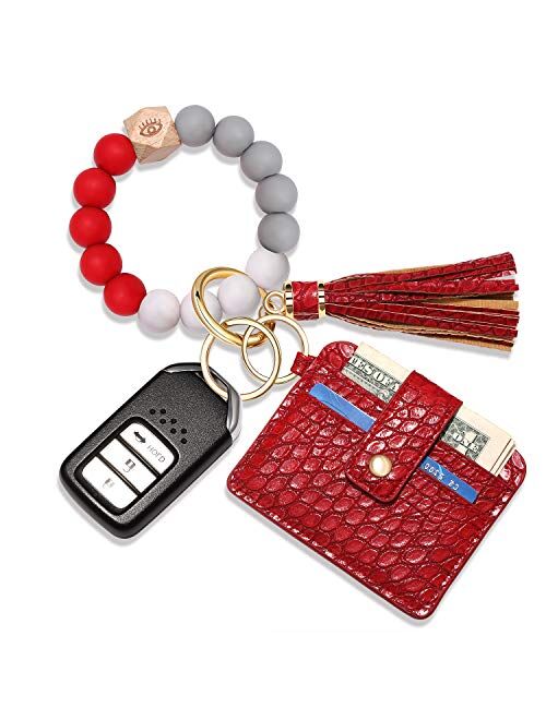 Cealxheny Wristlet Bracelet Keychain Wallet, Silicone Bead House Car Key Ring Pocket Credit Card Holder