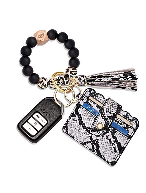 Cealxheny Wristlet Bracelet Keychain Wallet, Silicone Bead House Car Key Ring Pocket Credit Card Holder