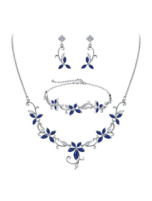 Crysdue Flower Leaf Wedding Jewelry Set for Bridal Bridemaid, Cubic Zirconia Teardrop Elegant Vine Necklace Dangle Earrings for Wedding Prom Party