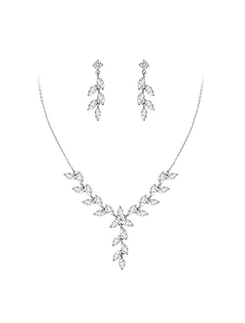 Crysdue Flower Leaf Wedding Jewelry Set for Bridal Bridemaid, Cubic Zirconia Teardrop Elegant Vine Necklace Dangle Earrings for Wedding Prom Party