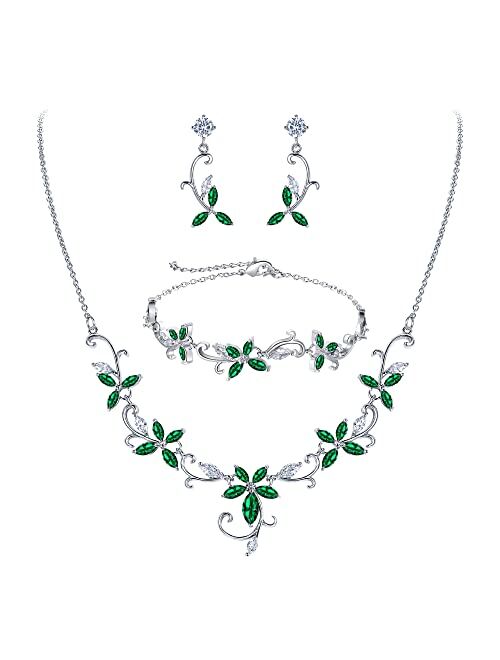 Crysdue Flower Leaf Wedding Jewelry Set for Bridal Bridemaid, Cubic Zirconia Teardrop Elegant Vine Necklace Dangle Earrings for Wedding Prom Party